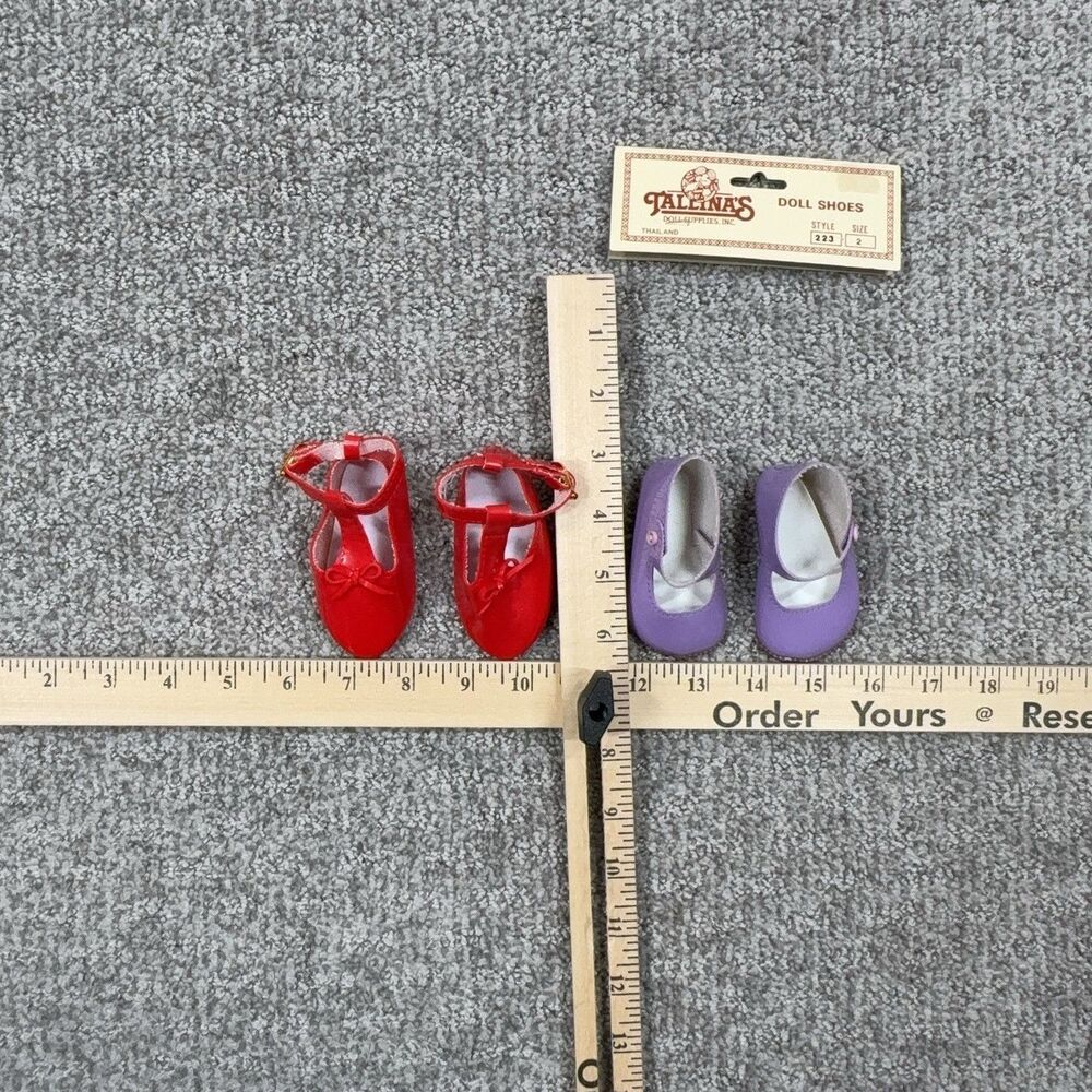 Vintage Tallinas Doll Shoes Lot 2 Pairs Red T Strap Purple Mary Jane Size 2 - Picture 3 of 4